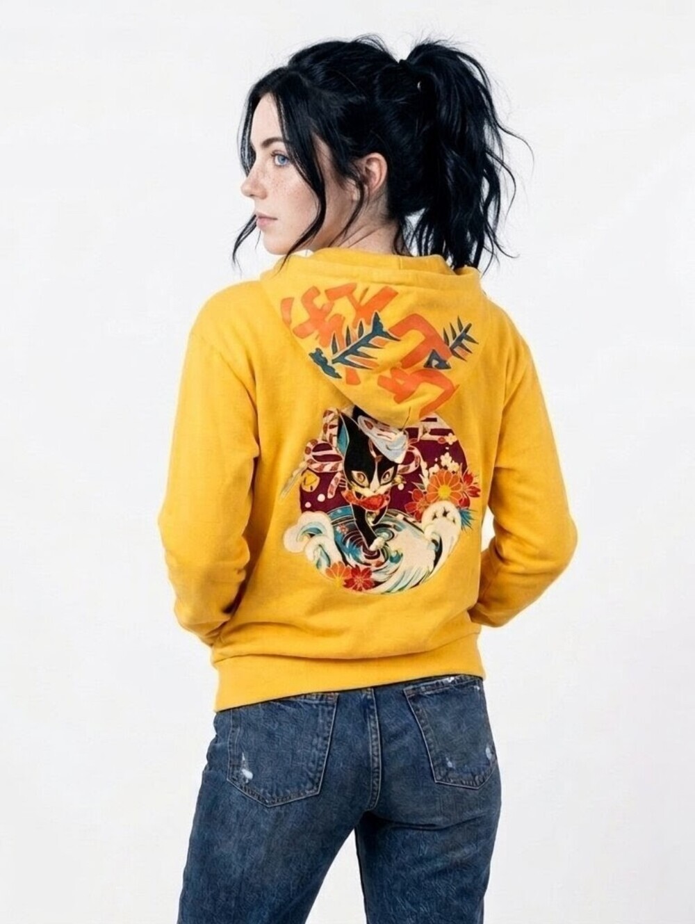 Bibisama Yellow Zip Oni Anime Embroidered Kitsune Cat Streetwear Hoodie - XS/S